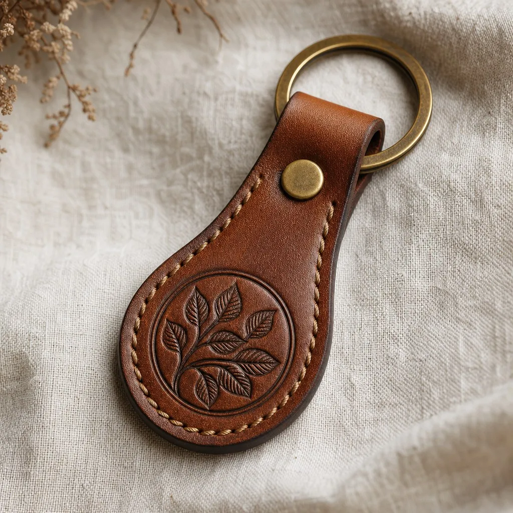 Vintage Handcrafted Vegetable-Tanned Leather Heat-Embossed Keychain