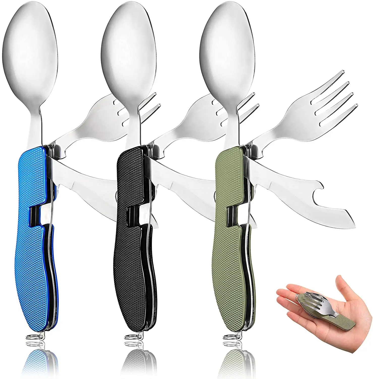 

4-in-1 Camping Utensils Stainless Steel Travel Cutlery Set Spoon Fork Knife Bottle Opener, Green/yellow/red/black/blue