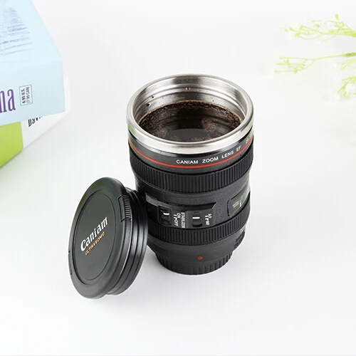 

Caniam 24-105mm Camera Lens Shaped Flat Screw Lidded Private Label Coffee Mugs, Black