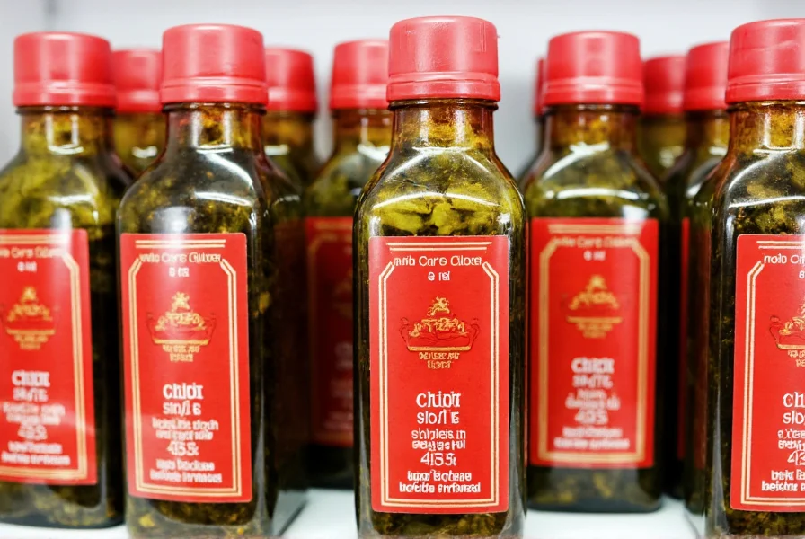 Chili oil bottles stored in refrigerator with proper labeling showing dates