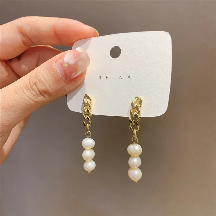 

Vintage S925 Silver Needle Baroque Pearl Earring French Fashion Real Gold Plated Pearl Chain Long Drop Earrings For Ladies
