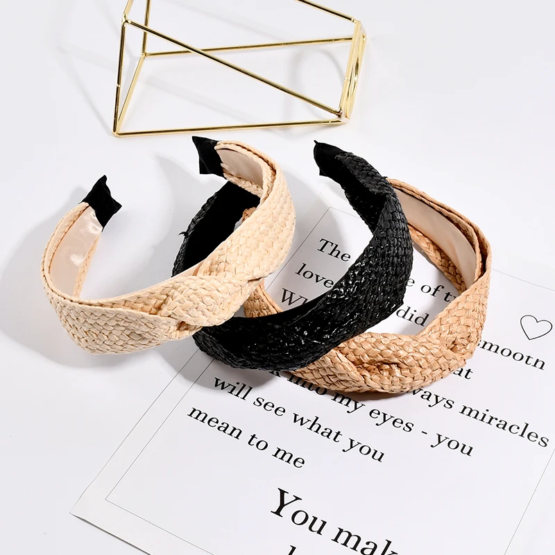 

2022 European and American summer fashion women handmade wide hand-knitted raffia braid headband hairband