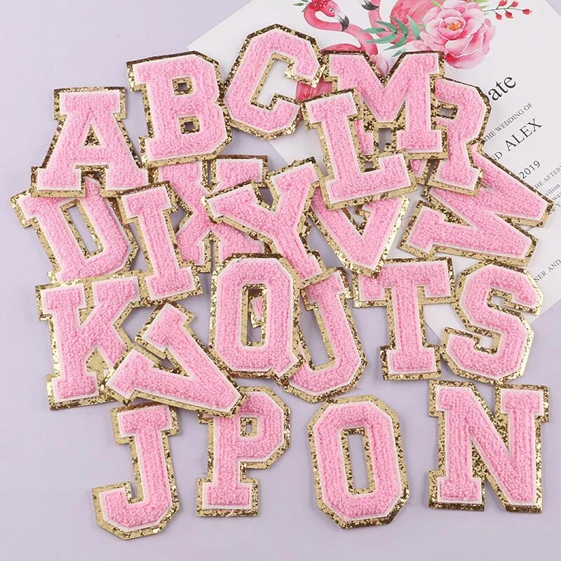 

Hot Sale Amazon Alphabet Pink Embroidered Iron On Glitter Chenille Letter Patch For Jacket