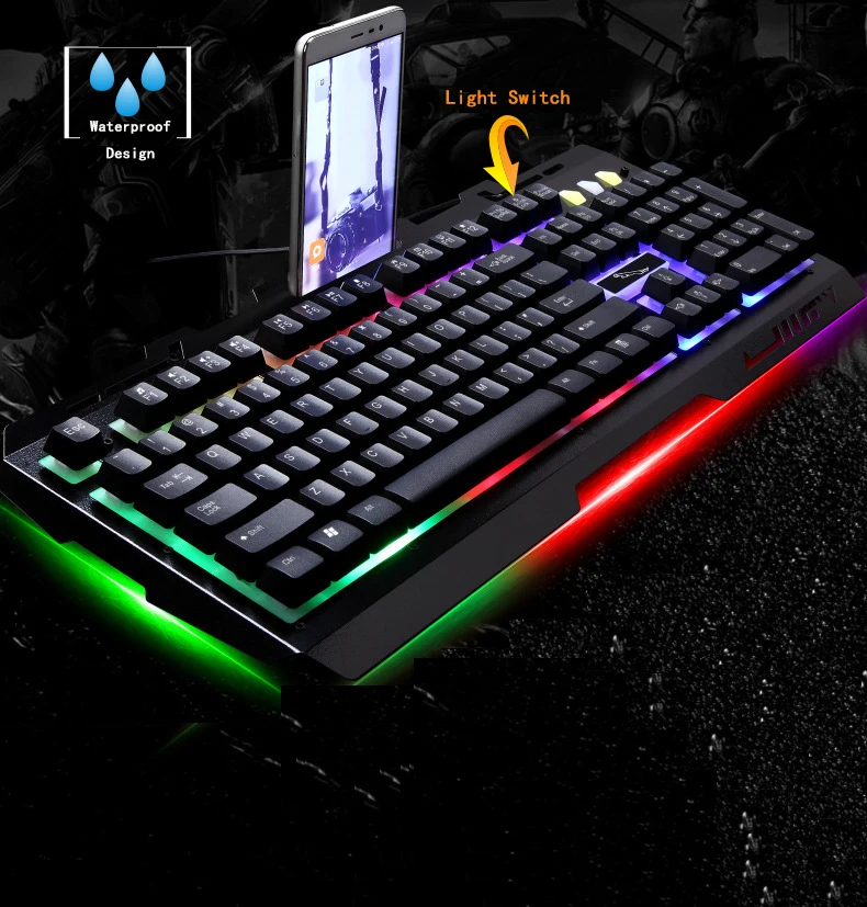 USB Wired  Ergonomic LED Rainbow Color Backlight One handed Mechanical Gaming Keyboard Combo Mouse Set For PC