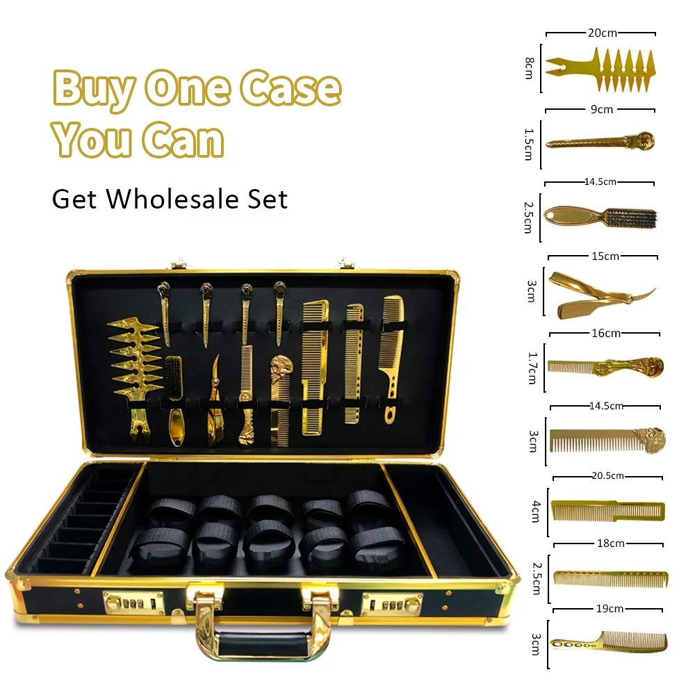 

Custom Logo 10pcs/set Luxury Gold Barber Haircut Tools Case Organizer Box Aluminum Password Lock For Stylist Travel Carry Case