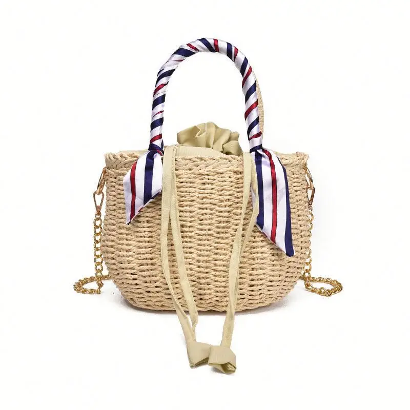 

Ethnic Style Handmade Straw Weave Top Handle Handbag Summer Beach Cross Body Chain Bag with Scarf for Women