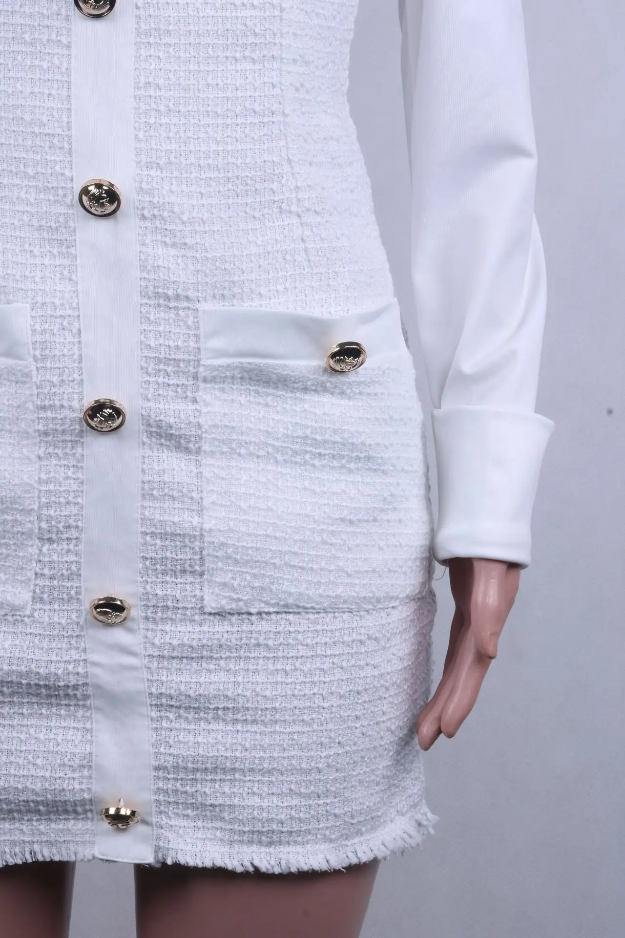 Elegant Office Women Patchwork Rove Buttoned Pocket Designer Dress Chic Street Spring Fall Office Lady Long Sleeve White Dress