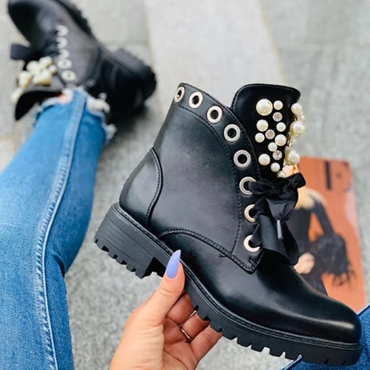 

Chunky Heel Platform Women Fashion High Heels 2020 Autumn Spring Winter Round Toe Rubber Pumps Pearls Black Short Ankle Boots