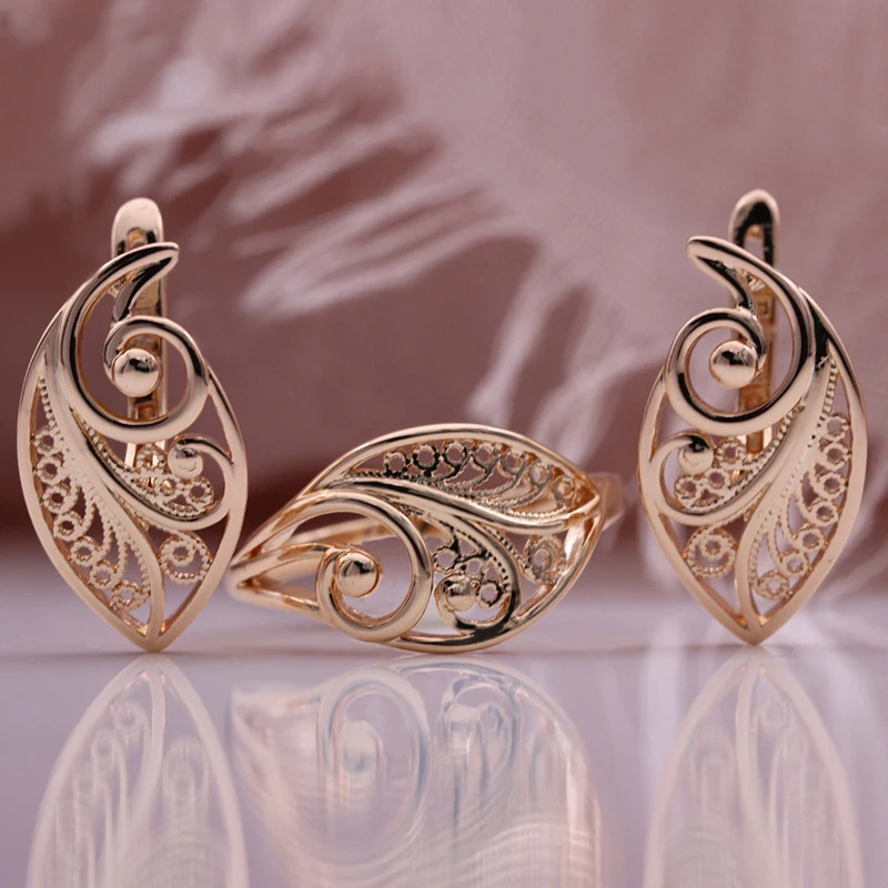 

2022 new 585 Rose Gold Gold Plated Earring Ring Set AliExpress Hollow Earring Ring Jewelry Set, Rosegold