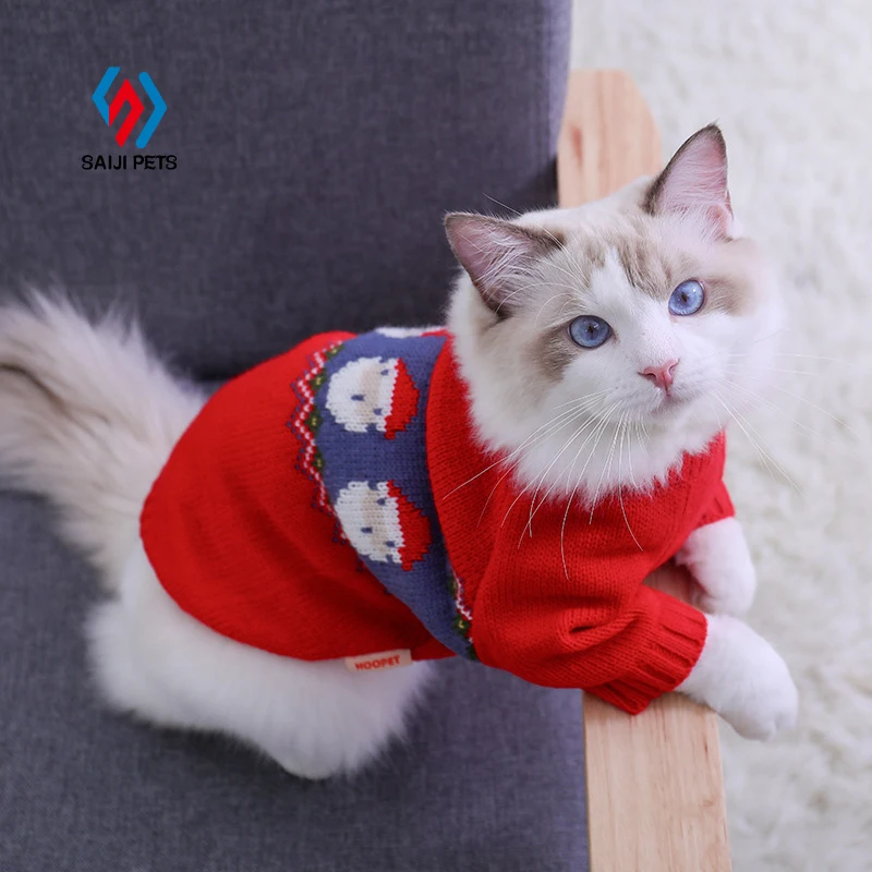 

Saiji new Christmas red pet cat sweater clothes for small dogs to keep warm in winter puppy apparel, Red, white, blue, customized color