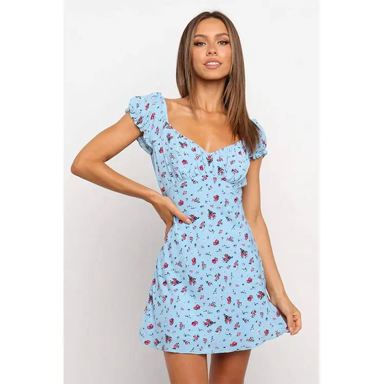 

PEARL Wholesale Fashion 2021 Summer Bubble Printed Deep V Neck Sleeve Dresses Sexy Women Casual Dress Lady