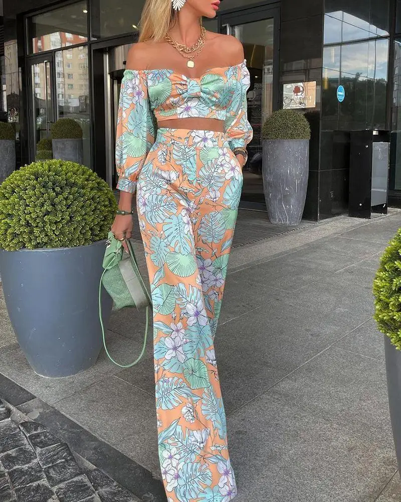 

off Shoulder Women Jumpsuit New Fashion Printed Mid-sleeve Summer Holiday Streetwear Autumn 2 Piece SetsTops +Elegant Long Pants