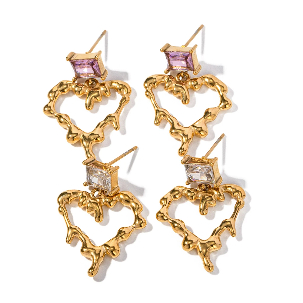 

Lava Hollow White Pink Zircon Pendant 18K Stainless Steel Gold-plated Heart Earrings For Girls