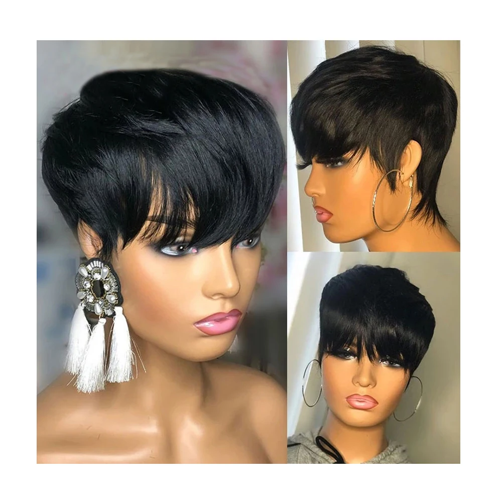 

Short Bob Pixie Cut Wig Bone Straight Human Hair Wigs with Bangs Virgin Remy Brazilian Full Machine Perruques Cheveux Humains