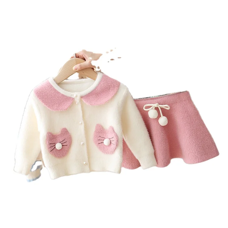 

KBE94012 Cute Kids Clothing Set Baby Girls Turn-down Collar Sweater Top+skirt 2 Piece Sets Girls Knit Cardigan Dress Set Sweet