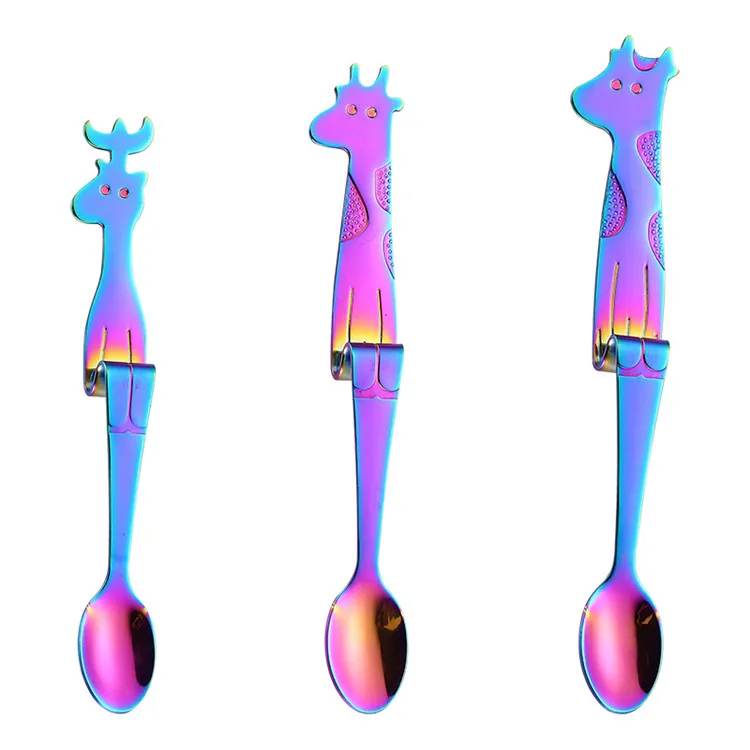 

H106 Multi Colour Coffee Stirring Desert Cartoon Mug Hanging Spoons Creative Stainless Steel Giraffe Shaped Spoon