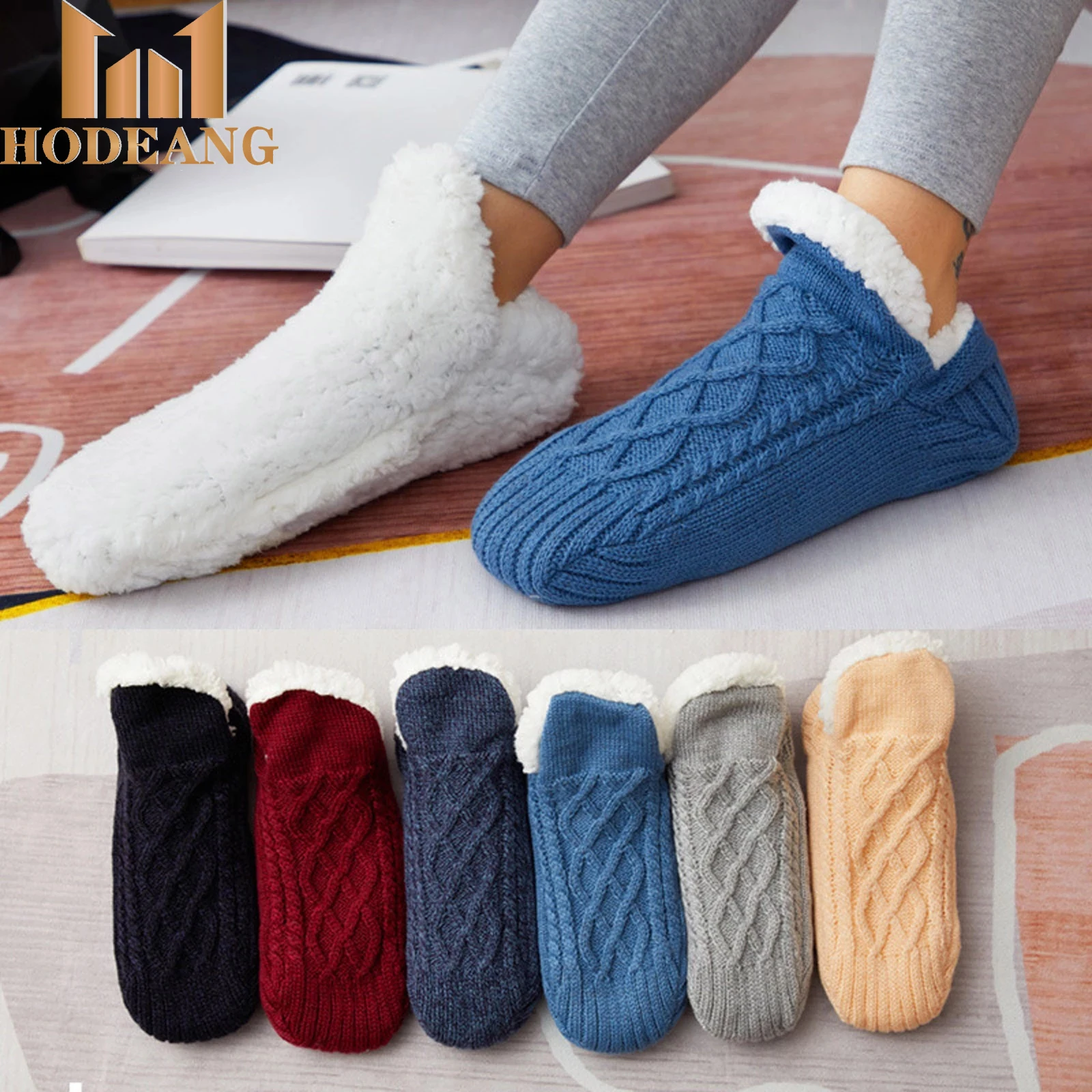 

Amazon Knit Thick Fleece Warm Anti-Slip Slipper Socks Winter Plus Velvet Padded Floor Socks Thermal Fuzzy Indoor Woven Socks, As pictures