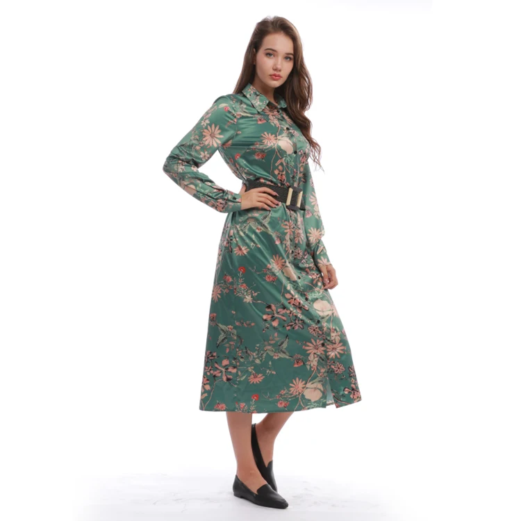 

Hot Sale High Quality Trendy Women Clothing Print Floral Turn-down Collar Women Satin Dresses with Sashes, Customized color