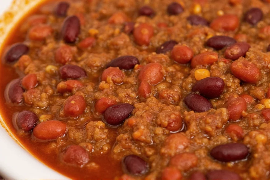 Close-up of Wegmans Chili Paul showing texture with ground beef, beans, and tomato base