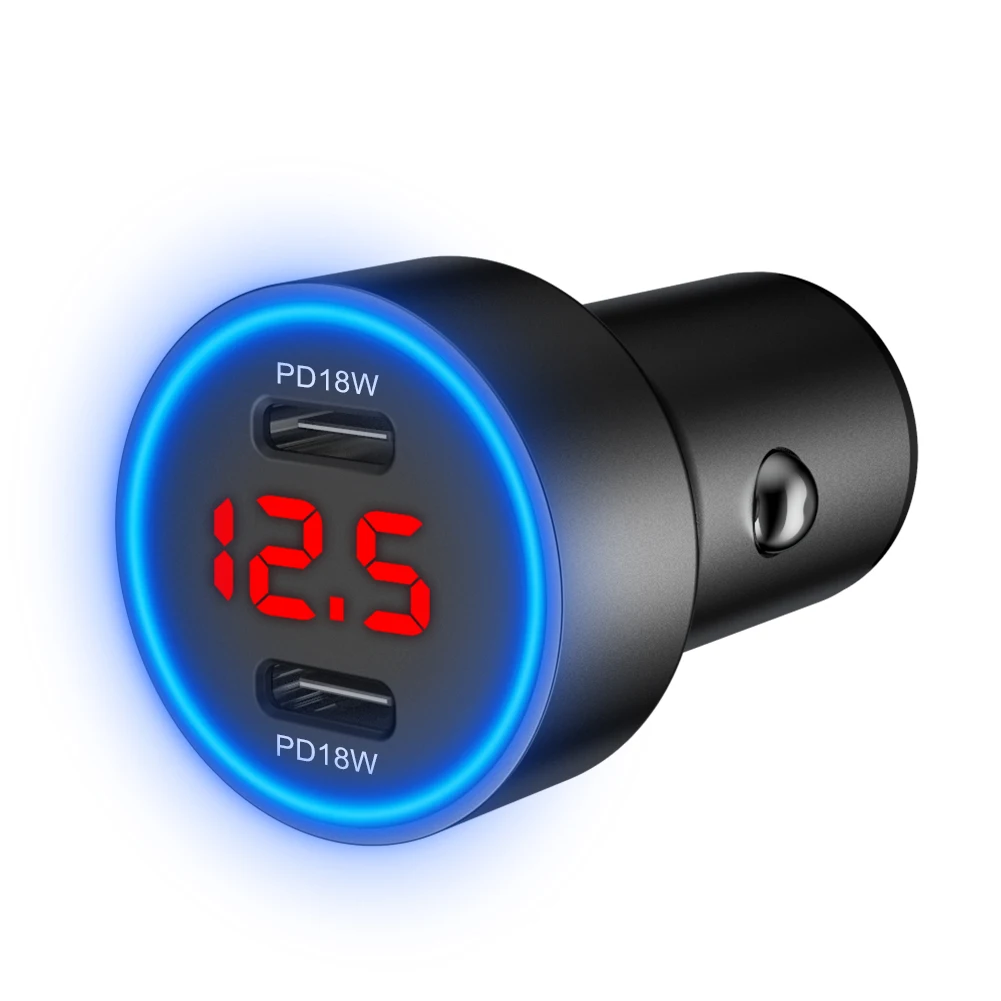 

2021 Digital Display Quick Charge Charger Cars Dual USB PD 2 Port Car Charger 36W Blue LED Zinc Alloy