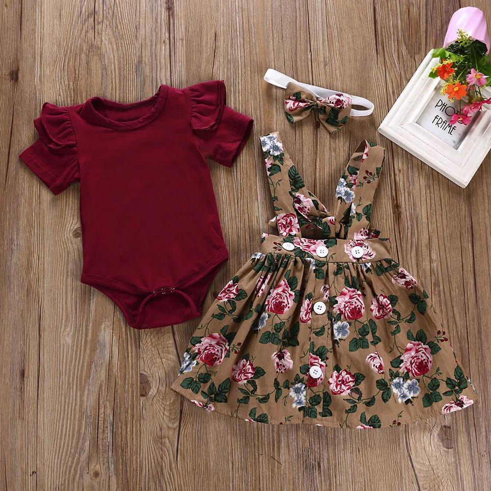 

Children Girls Trendy Clothing boutique 2021 fashionable 3pcs sets Baby Overalls Skirt Wholesale Kids Clothing