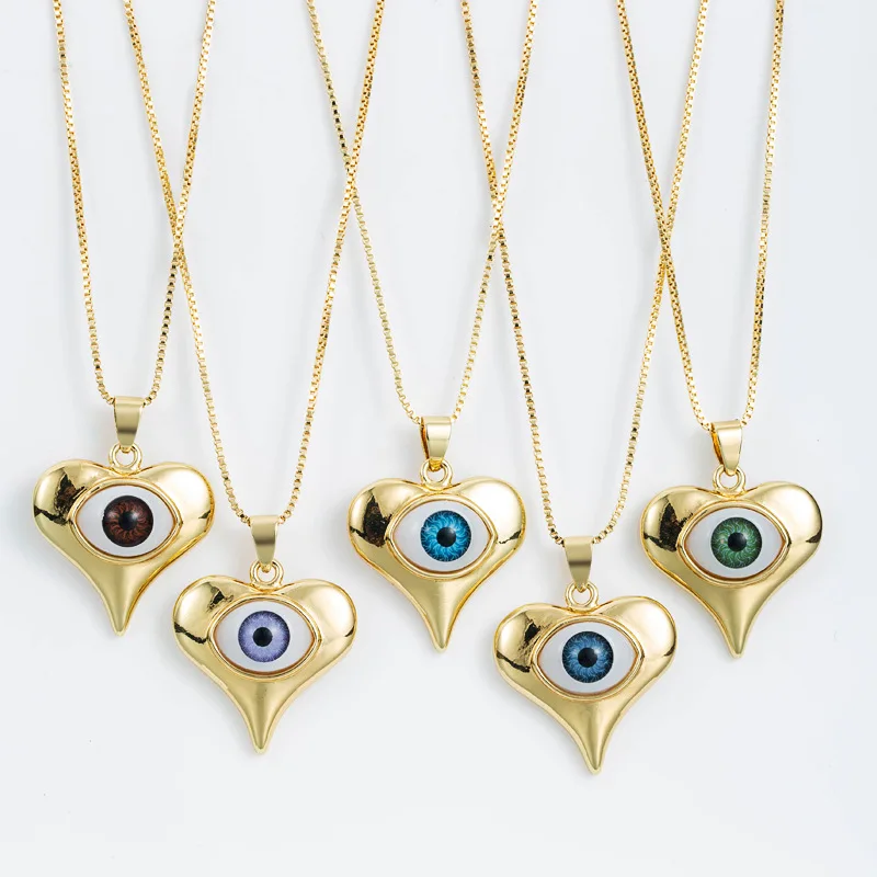 

Fashion Jewelry Box Chain Heart Evil Eyes Pendant Necklace Real Gold Plated Turkish Eyes Heart Necklace For Girls