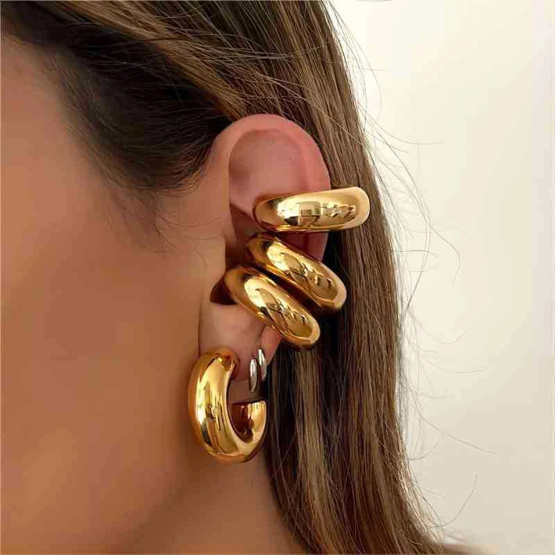 

Finetoo Chunky Stainless Steel Hollow Ear Clip Earrings 18K Gold C-shaped Threaded Cuff Earrings for Women