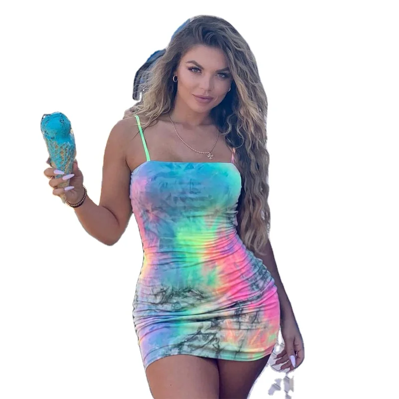 

Women Fashion Clothing ladies braces tie dye bodycon buttocks skirt mini casual sexy dress