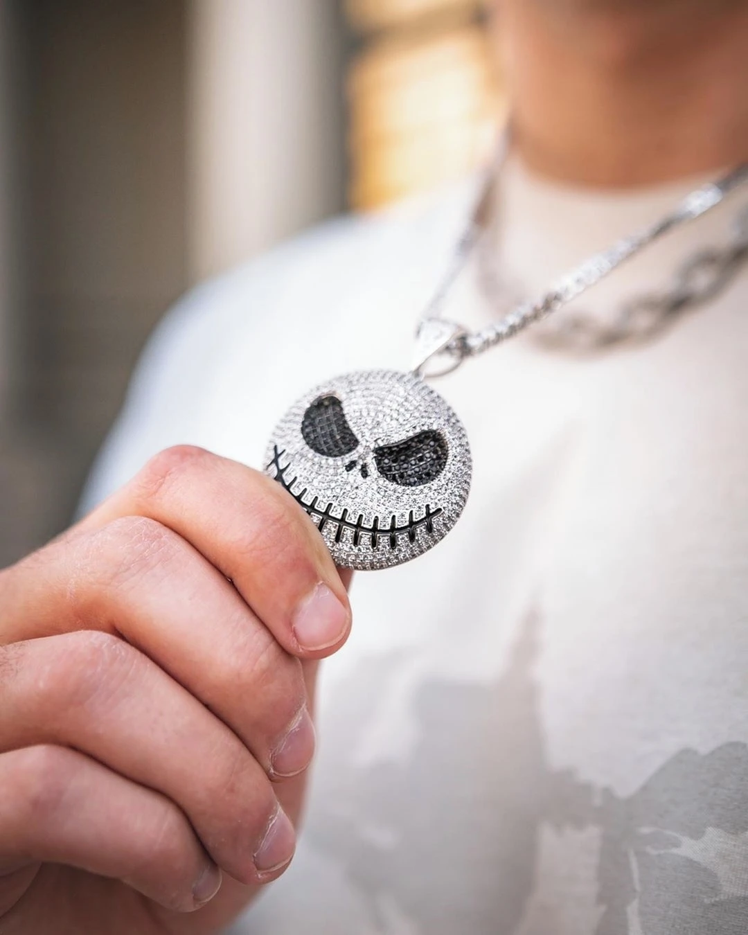 

geometric round pendant micro pave cz skull cool street boy men hip hop devil eye necklace, Silver