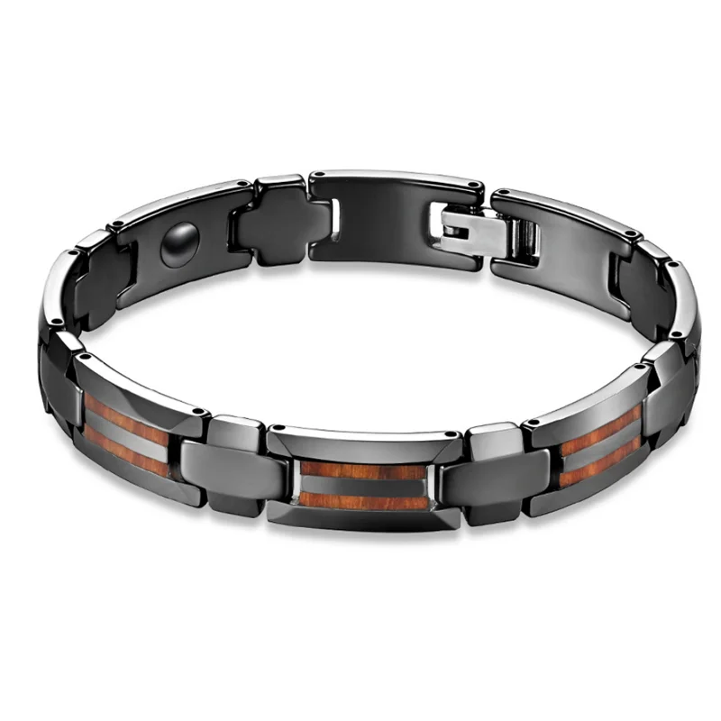 

factory wholesale jewelry gifts custom men wood inlay magnetic therapy bracelet 316 tungsten stainless steel bangle