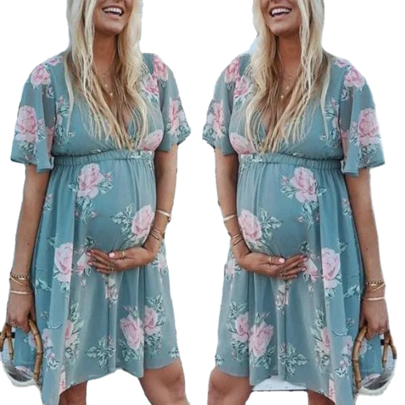 

shein Summer European and American sexy women's dress with printed waist and wild V-neck dress for pregnant women