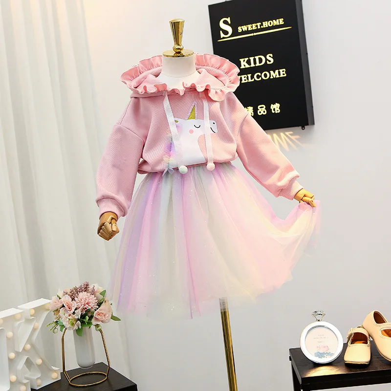 

2021 autumn new girls set Korean edition fashion cartoon style hoodie and rainbow gauze skirt two-piece set, Green,pink