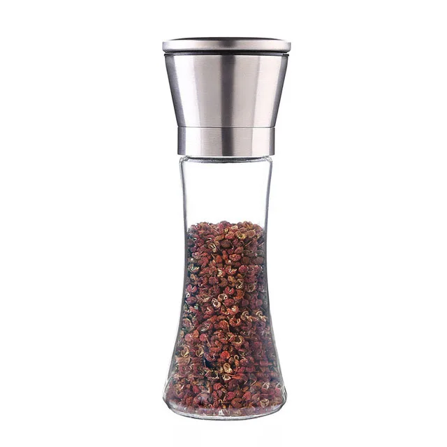 

Wholesale High-quality Stainless steel 180ml Glass Spice Bottle with adjustable ceramic salt grinder spice bottle grinder, Customized