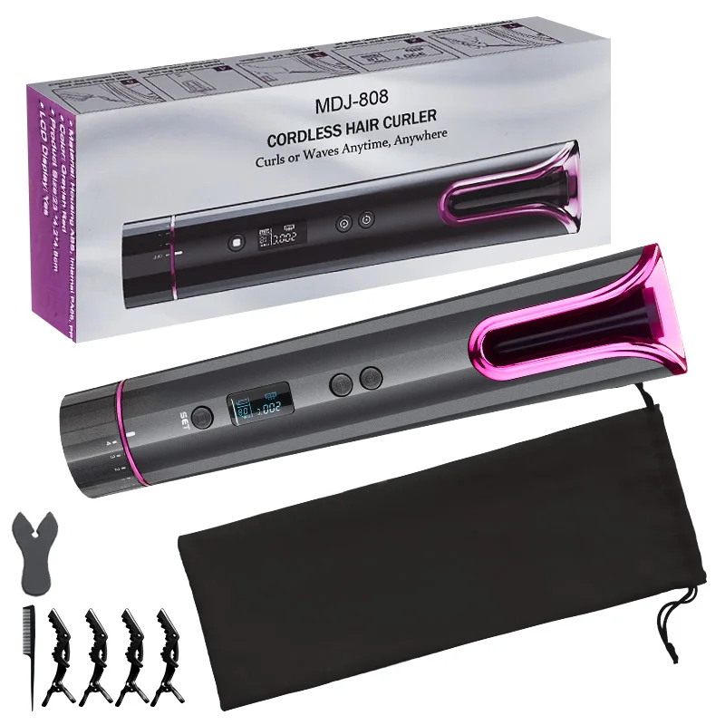 

cordless rechargeable auto hair curler Waver Curling Iron Wands wireless Portable Electric hair curler automatic curling iron, Grey