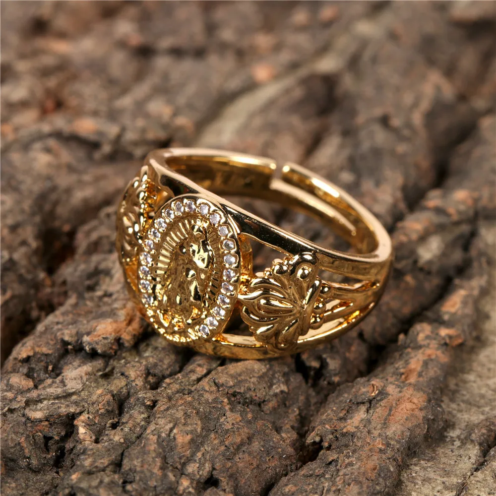 

Amazon Popular Wide Virgin Mary Zircon Ring Gold Plated Hollow Out Micro Pave Zirconia Cz Band Rings