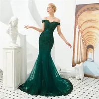 

Green Color Off Shoulder Trumpet Beaded Applique 2019 New Style Custom Made High Quality Plus Size Women's Prom Dresses Gowns