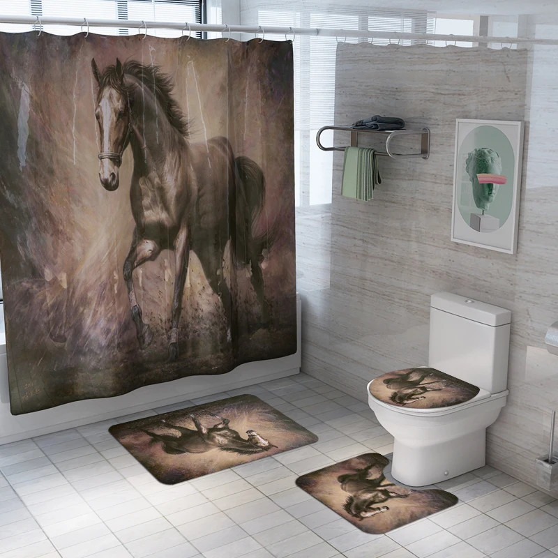 Set of 4 Animal 3D Horse Shower Curtain and Bath Mat Set,Black Horse Decor Waterproof Non-slip Bathroom Curtain and Rug Set
