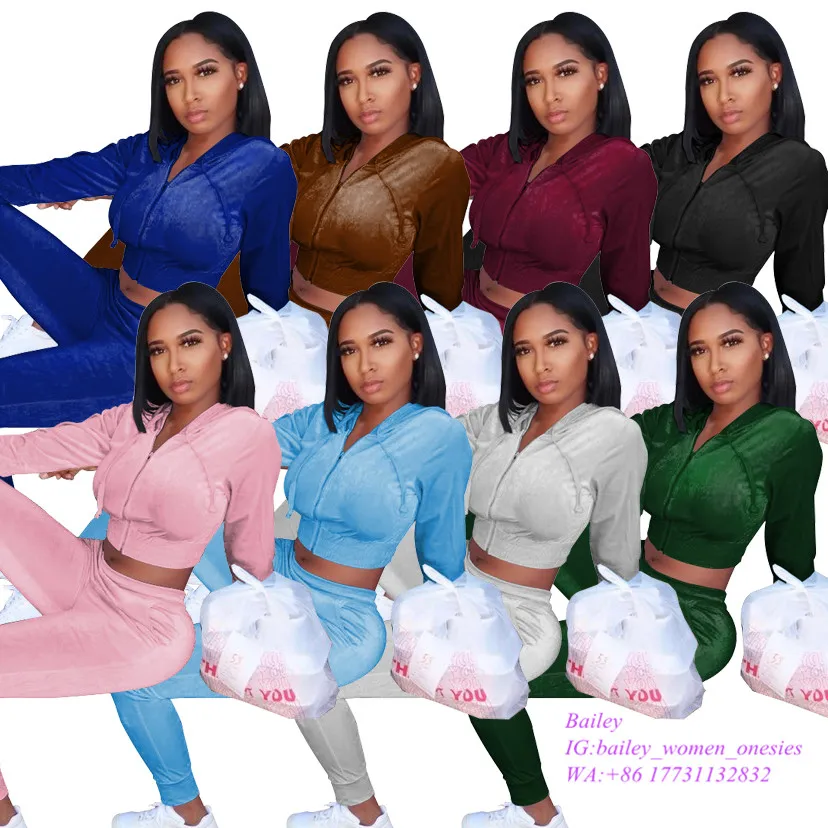 

Fall 2021 Custom outfits Blank Velour Tracksuit With Hoodies Crop Tops Jogging Sweatsuit 2 Piece Set Velvet Tracksuit for Women, Custom color