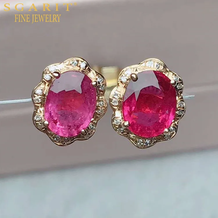 

SGARIT new style flower earring 2.35ct natural red tourmaline gemstone stud earring 18k gold engagement jewelry