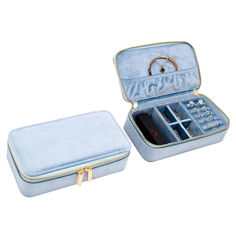 

Custom Velvet Cosmetic Bangle Organizer Box With Top Logo Portable Accessories Gift Blue Jewelry Case, Sky blue