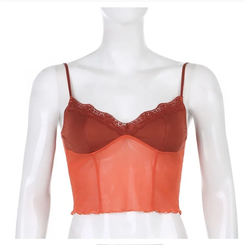 

Women Sexy Lace Y2k Tops Yoga Aesthetic Crop Tops Bodycon Sleeveless Soft Mesh Shirts v neck tank top