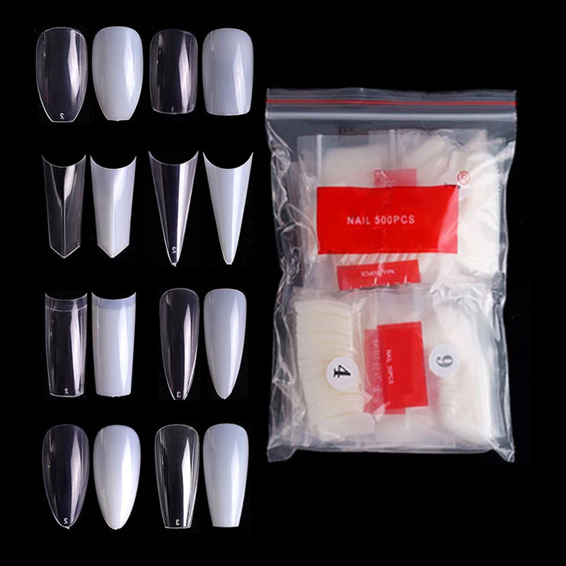 

500pcs Natural Clear Full Half Cover French Style Short Long Toe Square Stiletto Coffin Almond Press On Nail Tips, Clear natural
