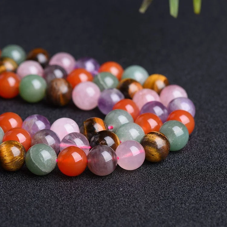 

Natural Loose Round Assorted Color Rose Quartz Amethyst Carnelian Red Agate Green Aventurine Tiger Eye Mixed Beads, In picture