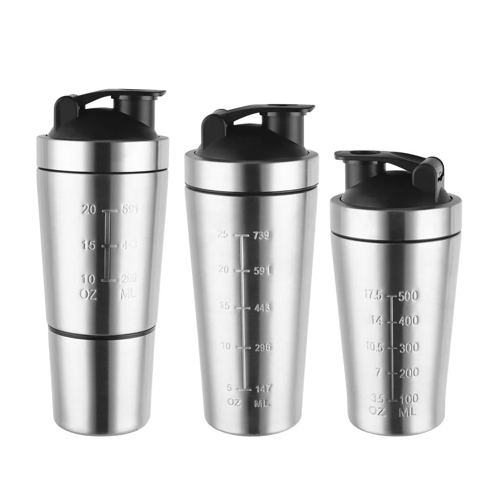 

1806 304 stainless steel shaker with scale double-section milkshake cup storage tank protein powder mixing cup, Stainless steel natural color