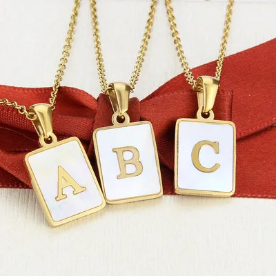 

Women Men Geometric Pearl Letter Pendant Necklace Stainless Steel Square A-Z Pearl Initial Necklace