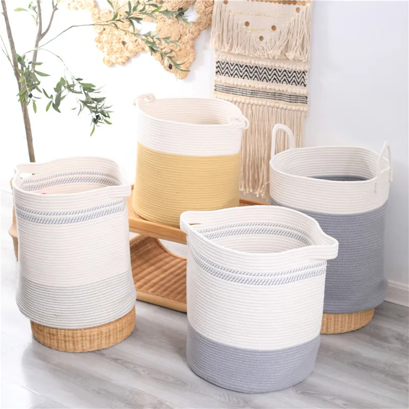 

Vertical handle home laundry kitchen baby toy foldable woven cotton rope storage basket