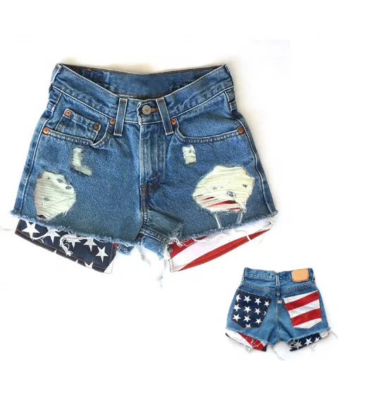 
Boutique Wholesale Kids American flag Denim Shorts Toddler Baby Girl Ripped shorts for 4th of July 