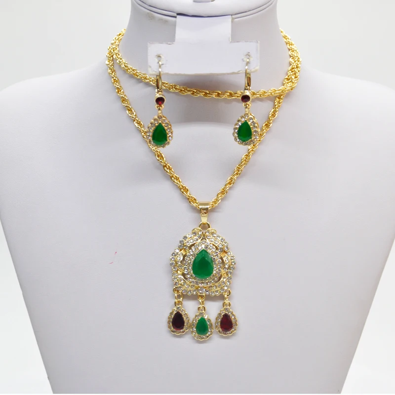 

High Quality Arab Moroccan Style Chain Necklace Luxury Shiny Red Green Crystal Waterdrop Pendant Necklace Statement Jewelry, Gold and silver