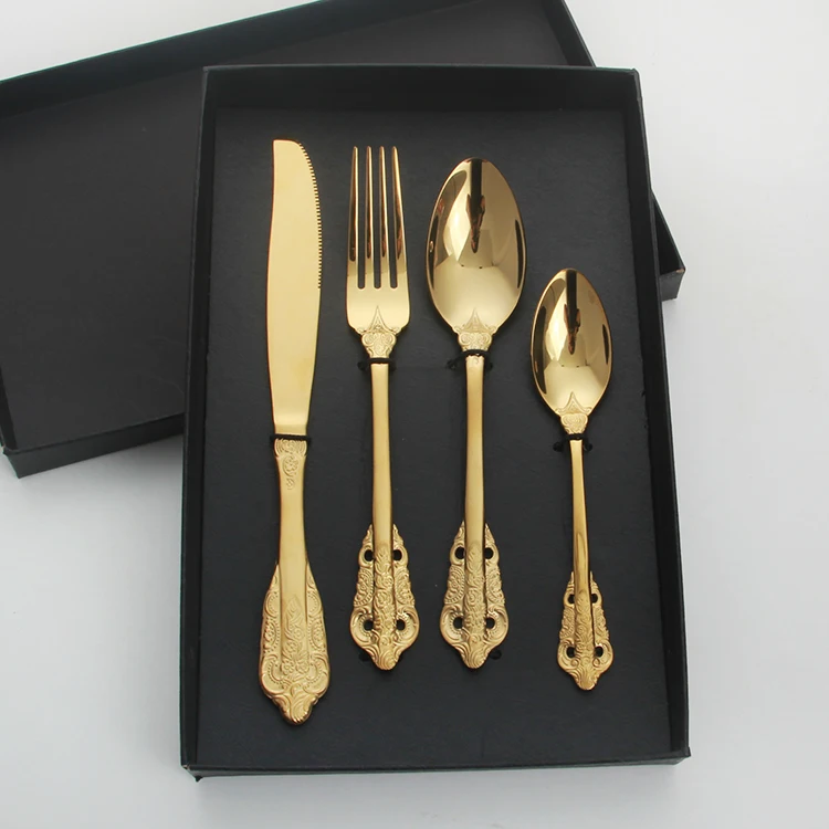 

2021 amazon luxury cutlery set flatware set stainless steel fork and spoon set, Gold, silver