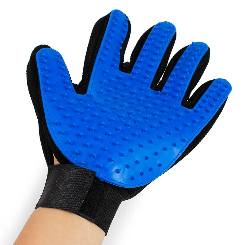 

Silicone Rubber Five Fingers Deshedding Pet Grooming Gloves With Hands Effective, Blue+black